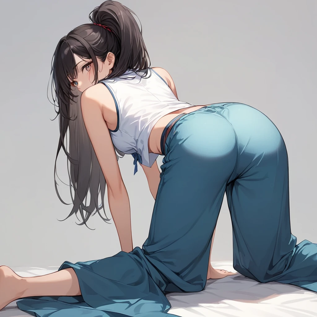 1girl, on all fours,
from behind,wearing wide pants