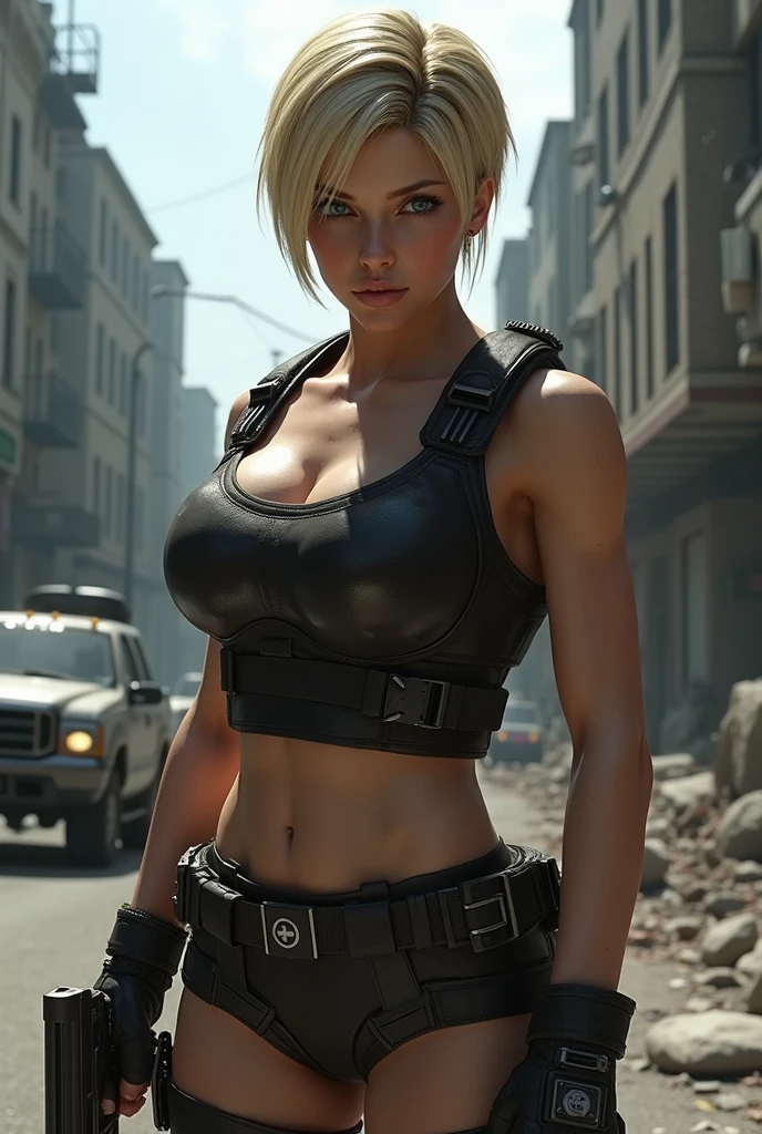 sexy blonde warrior, blue eyes, short haircut, apocalyptic survivor, leather belts, slight smile, firery backdrop, seductive, bikini, nipples