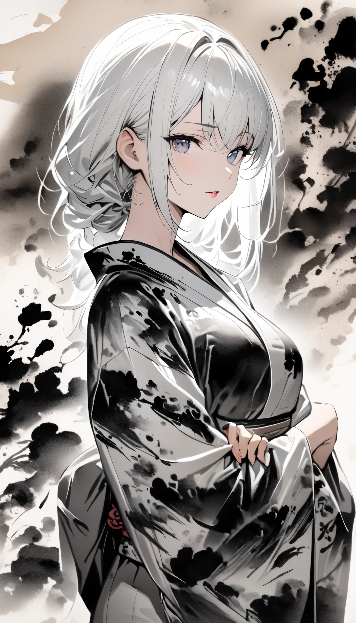 (masterpiece:1.2), ( top quality :1.2),  super high res,  very detailed,  girl, yukata, White Face, (Ink painting, Black and White:1.4), I have a spider lily