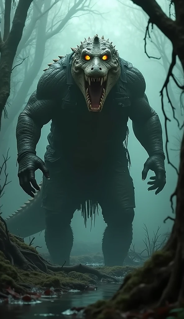 Male albino crocodile human hybrid, scarring, terrifying, angry, crocodile head, crocodile tail, alligator head, mouth, jaw, muscular, terrifying, 3d, realistic, in forest swamp, warrior, bloody, angry, A semi-medium long flaccid penis with foreskin visible, teeth, open mouth, Stick out her tongue, peeing, testicles, saliva, ASS,