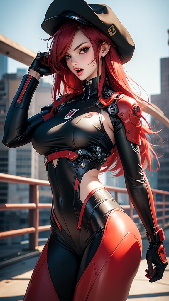  top quality , 1 girl,Cyborg red hat with green and red hair, cybernetic eyes, realistic skin, super slim big boobs( Long Lip Head),Sexy face , open mouth , Cowboy Shot ,Railgun,Leg spread