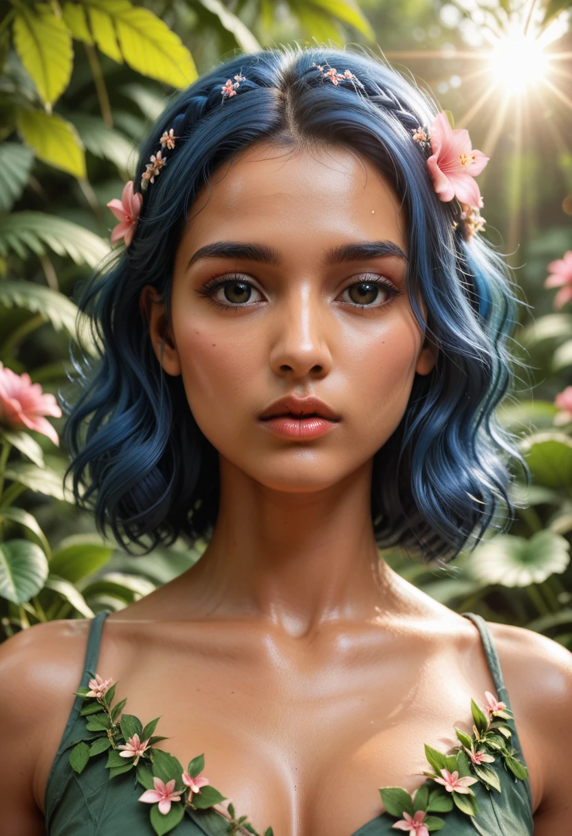 fashion photography portrait of indian girl with blue hair, in lush jungle with flowers, 3d render, cgi, symetrical, octane render, 35mm, bokeh, 9:16, (intricate details:1.12), hdr, (intricate details, hyperdetailed:1.15), (natural skin texture, hyperrealism, soft light, sharp:1.2), detailed, sunlight passing through foliage