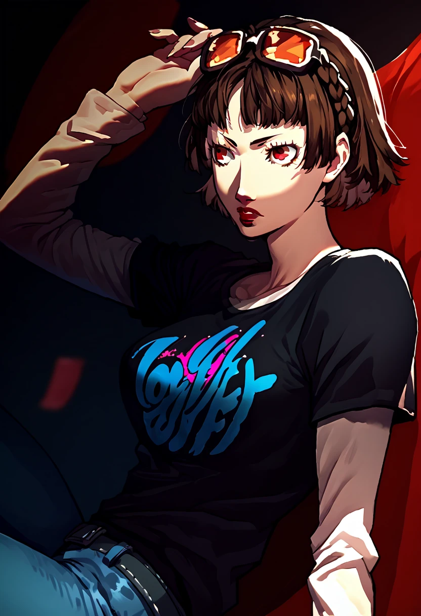 1 girl, sunglasses on head, lipstick, black t-shirt, clothes writing, layered sleeves, large breasts, jeans, Makoto Niijima, red eyes, brown hair, crown braid,