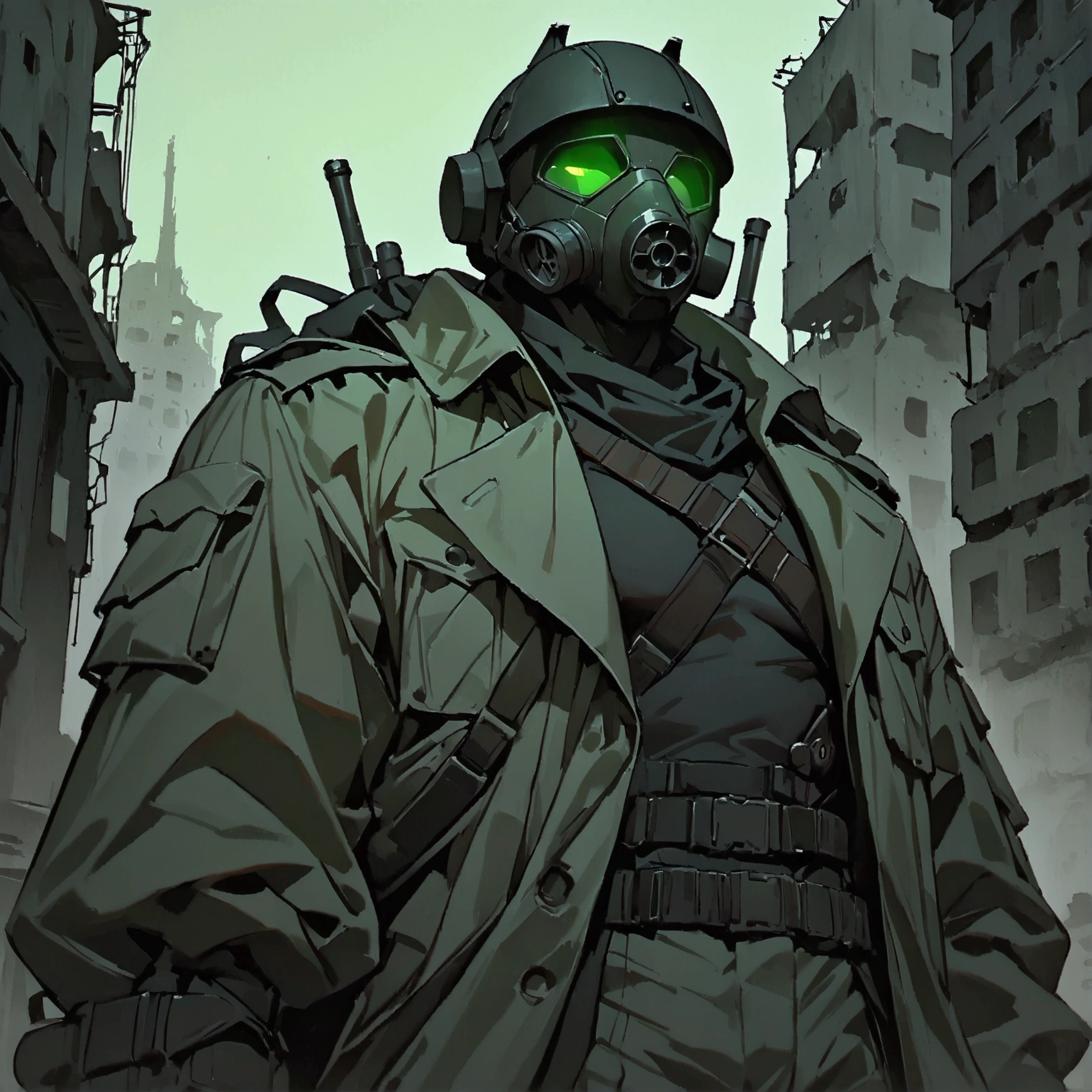 masterpiece, newest, absurdres, safe, high detailed, masterpiece. high detailed, black helmet, green lenses gas-mask, grey coat, black shirt, and baggy cargo pants. Faceless, mechanical features like mask and limbs. Post-apocalyptic ruined city background with dark, low-key lighting. overcoat, sci-fi soldier. coat flowing with the wind, Upperbody. Male, No hair, Cool, Epic soldier, Powerarmor helmet. Full helmet, Open Coat folwing in the wind