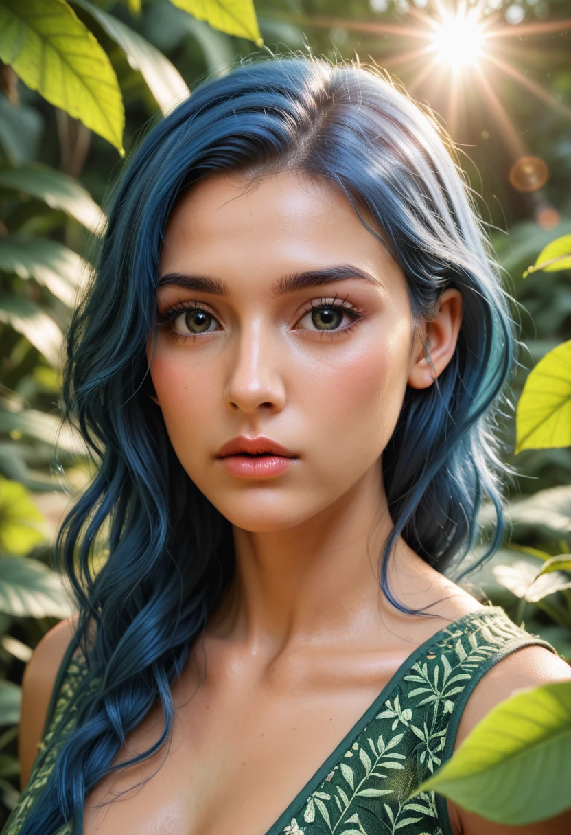 fashion photography perfect portrait of indian girl with blue hair, in lush jungle with flowers, 3d render, cgi, symetrical, octane render, 35mm, bokeh, 9:16, (intricate details:1.12), hdr, (intricate details, hyperdetailed:1.15), (natural skin texture, hyperrealism, soft light, sharp:1.2), detailed, sunlight passing through foliage