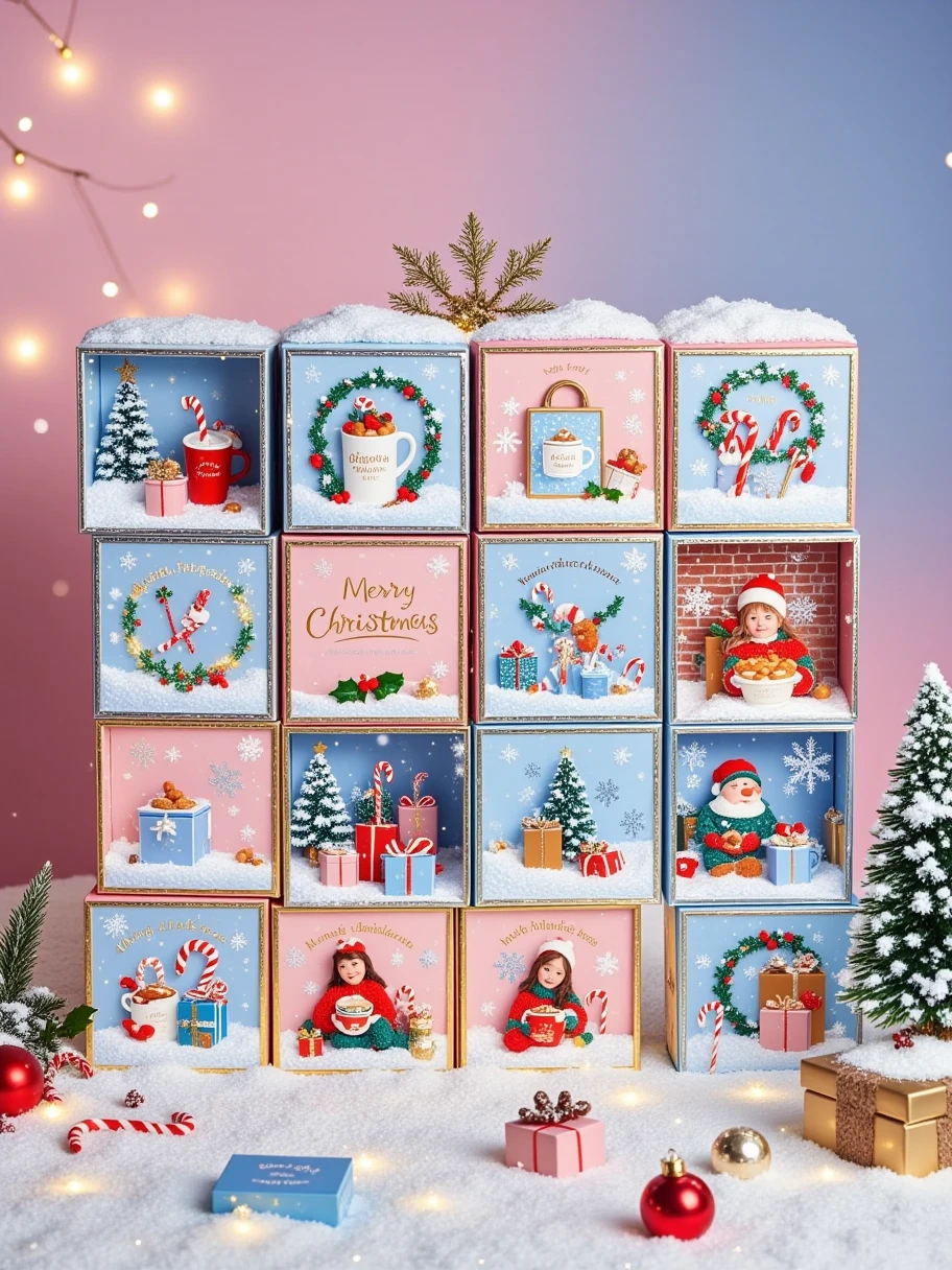 Giant christmas calendar with 24 numbered boxes (1, 2, 3, 4, 5, 6, 7, 8, 9, 10, 11, 12, 13, 14, 15, 16, 17, 18, 19, 20, 21, 22, 23, and 24) in a Christmas setting with snow and many baked goods like Manalas, Moricettes, and Christmas cupcakes