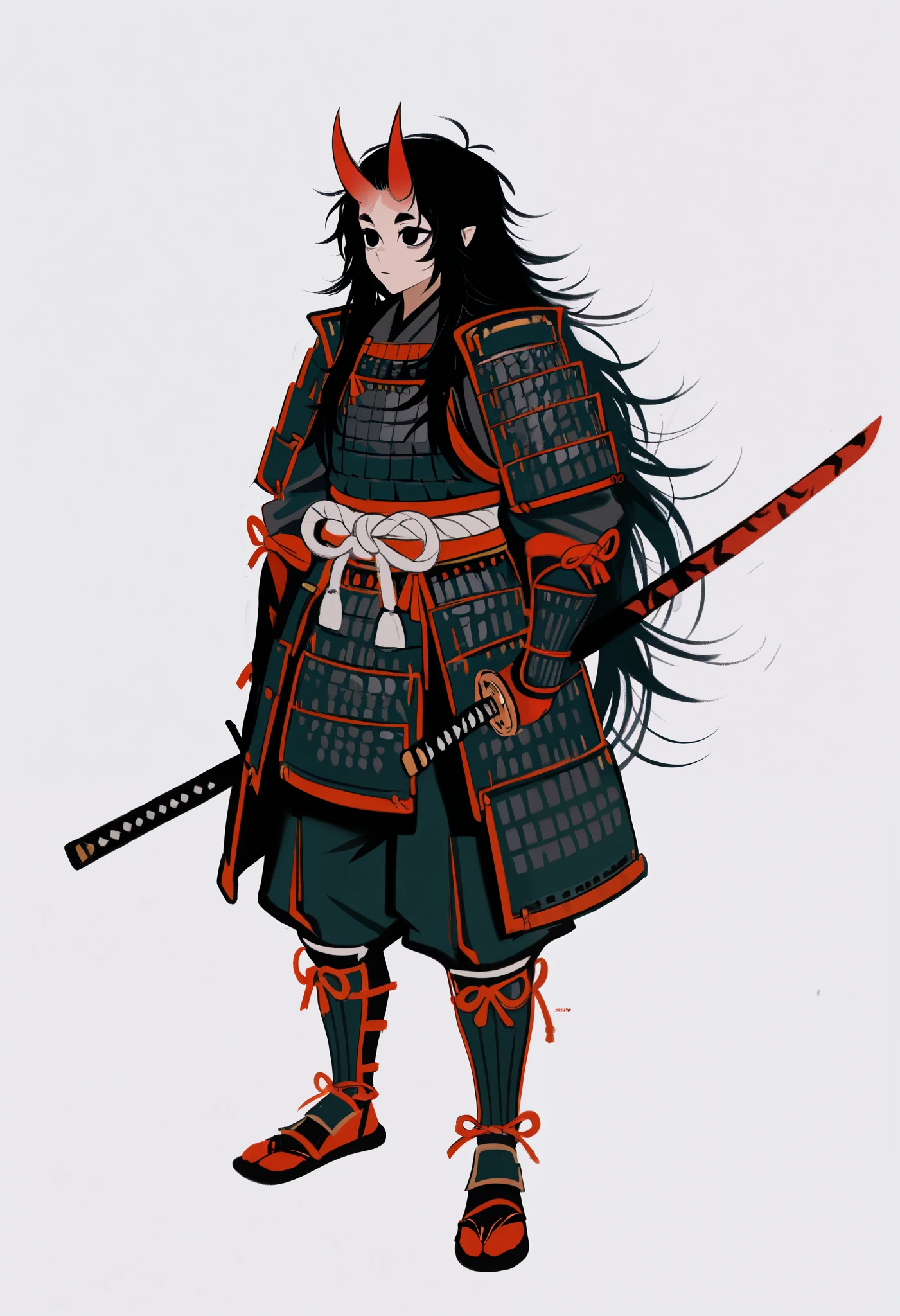 1boy, solo, veyonisLORA, oni, kemonomimi, oni horns, red horns, black hair, long hair, forehead, black eyes, empty eyes, white pupils, outlines, Japanese armor, katana, holding, shin guards, masterpiece, best quality, 8k, highres, detailed, sharp focus, white background, full body, score_9_up, score_8_up, score_7_up