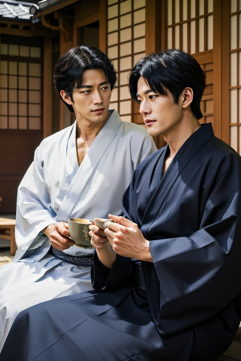 2 men sitting in front of a house drinking tea, Japanese style, M-YUKATA, ((ultra quality)), anime enhancement, ((8k resolution, masterpiece, best quality, elaborate details)), ultra detailed, ultra sharp, perfect colors, perfectly shaded, perfect lighting, very detailed face, perfect anatomy, 