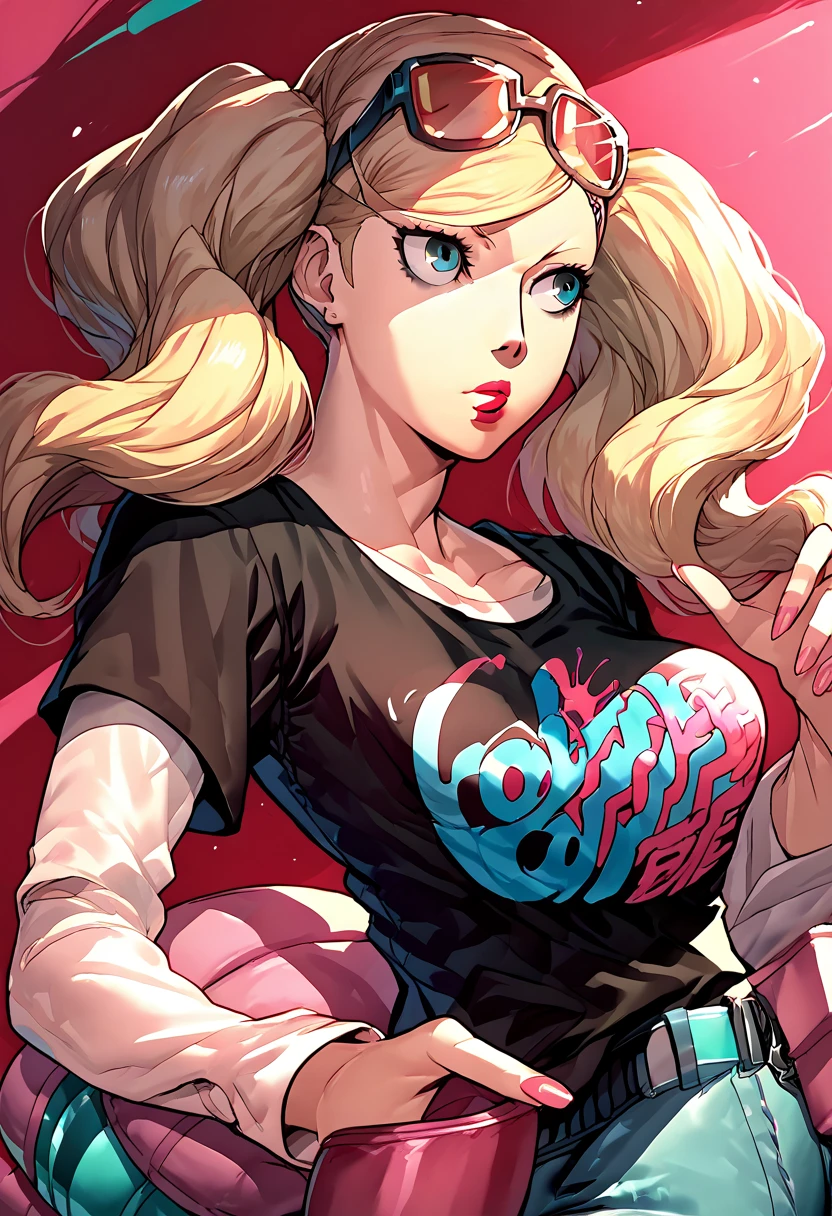 1 girl, sunglasses on head, lipstick, black t-shirt, clothes writing, layered sleeves, large breasts, jeans, Ann Takamaki, blue eyes, blonde hair, twintails,