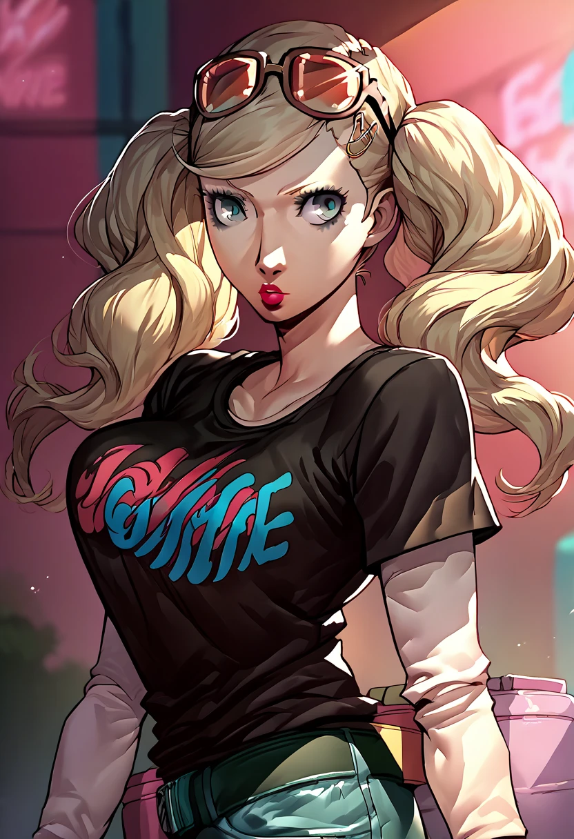 1 girl, sunglasses on head, lipstick, black t-shirt, clothes writing, layered sleeves, large breasts, jeans, Ann Takamaki, blue eyes, blonde hair, twintails,