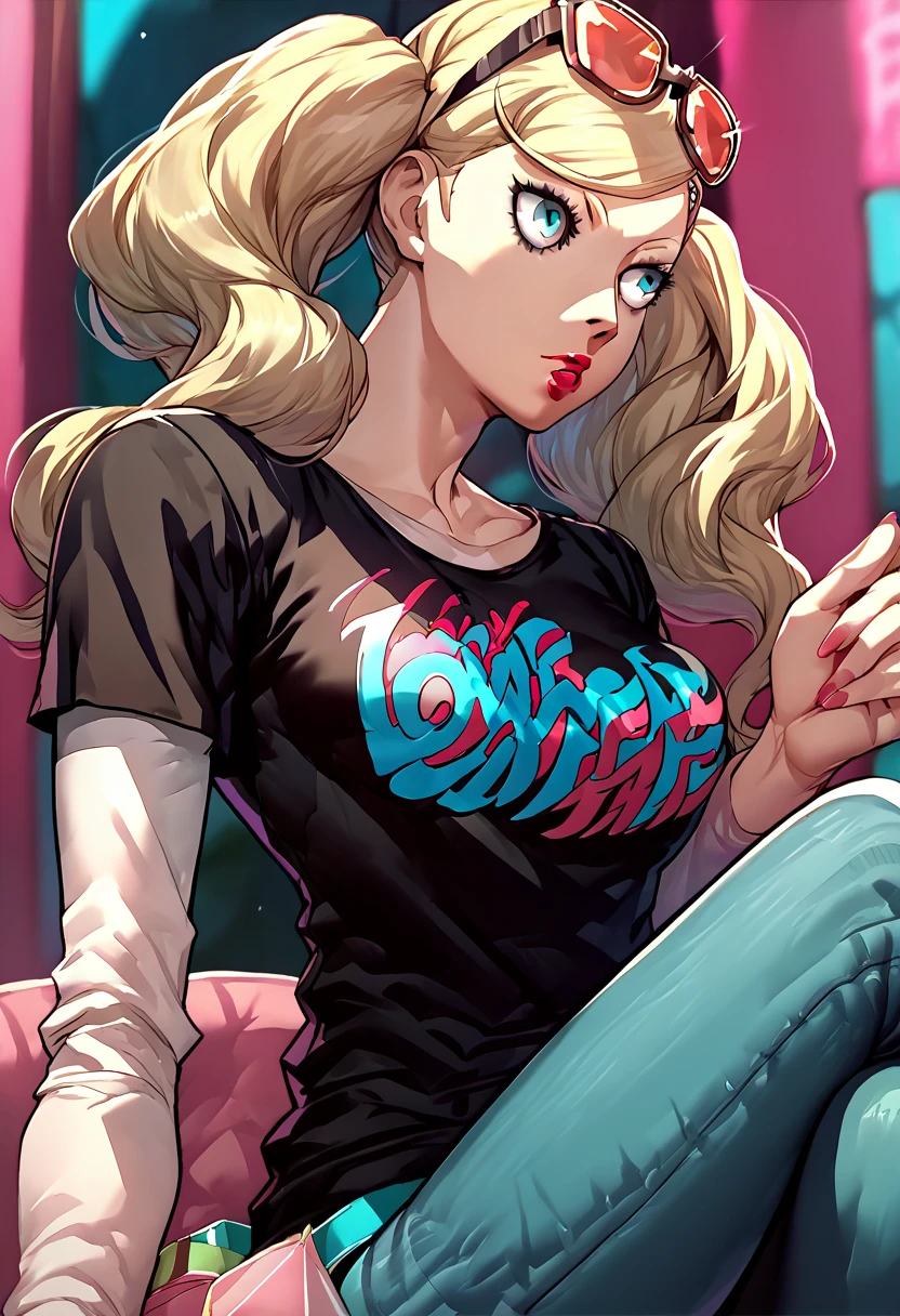 1 girl, sunglasses on head, lipstick, black t-shirt, clothes writing, layered sleeves, large breasts, jeans, Ann Takamaki, blue eyes, blonde hair, twintails,