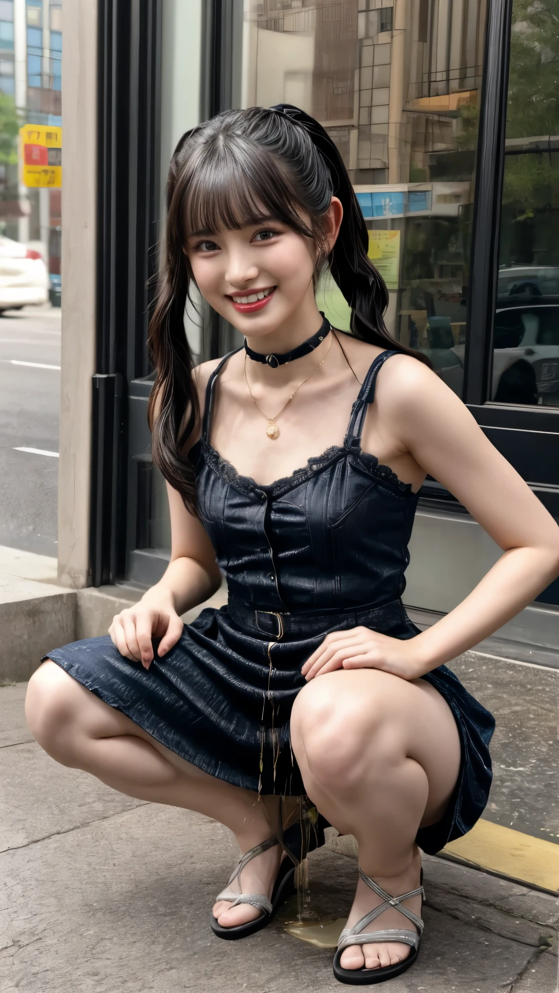 (realistic, photo-realistic:1.2), (masterpiece, best quality), high resolution photograph, extremely detailed, intricate details, sharp details, sharp focus, professional lighting, solo, 1girl, a 19 year old Japanese female idol, (full body), slim body, (sundress), (flat chest:1.5), (choker, jewelry), ankle strap heel-sandals, pale skin, fine-textured skin, shiny skin, (dark hair, shiny hair, pigtails hair, straight hair, blunt bangs, hair scrunchie:1.2), (beautiful detailed face, extremely detailed eyes, beautiful detailed nose, beautiful pupils), (cheerful grin), (squatting with spread legs apart, open crotch, exposed slit-pussy, hands on hips, peeing self, urination:1.4), (pee puddle), photo background, outdoors, downtown, sidewalk outside shop, (crowds),