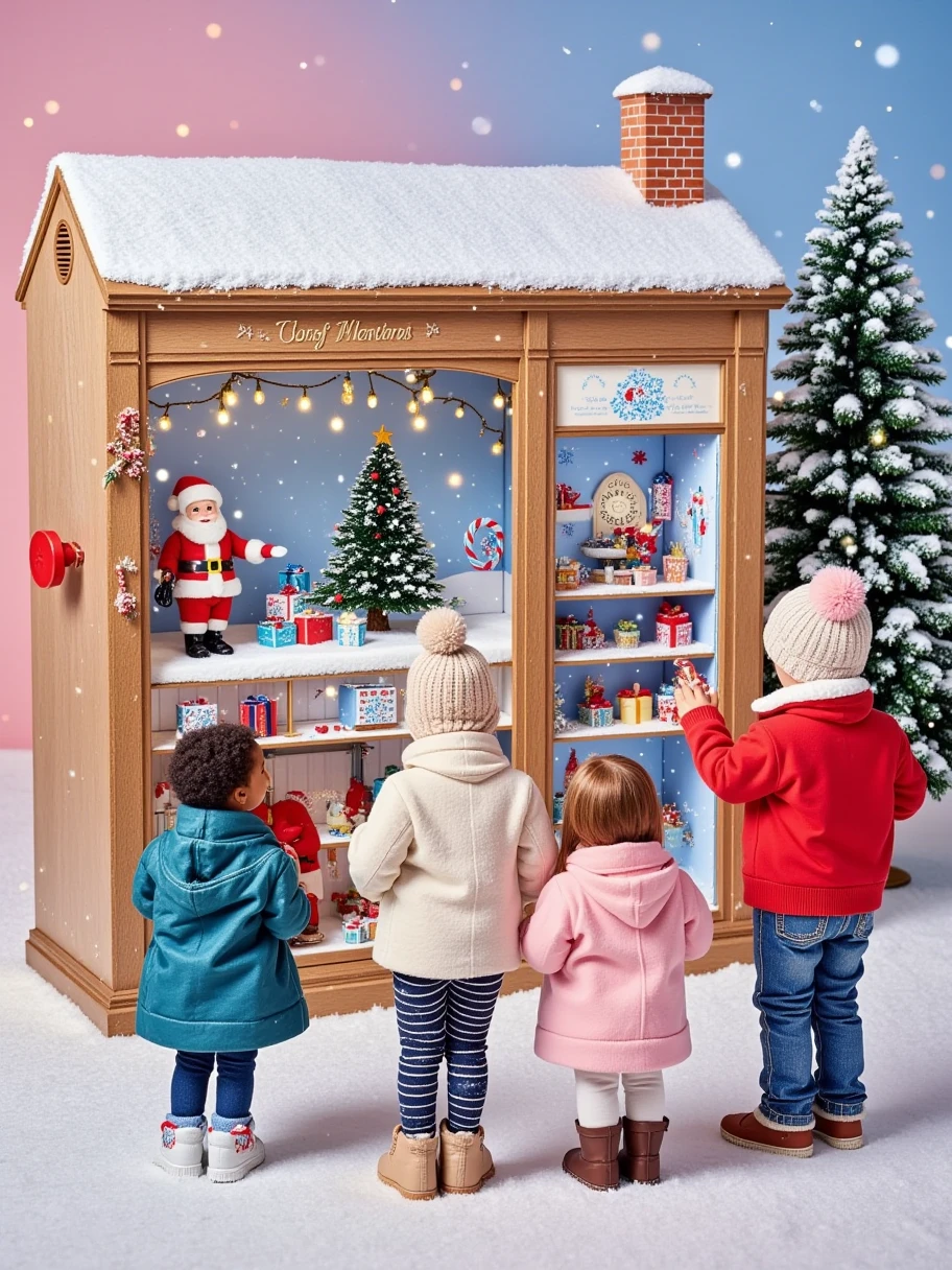 Generate an image showcasing a wooden storefront measuring 2.8 meters long, 2 meters high, 1.8 meters tall, and 1.6 meters deep with snow on its roof. A group of children from multiple descents and balanced genders are warmly dressed for Christmas, seen from the back as they look into the storefront. Inside, there is a Christmas diorama that shows an outdoor scene to the left, featuring a Christmas tree with presents under it and Santa's landing strip, where his sleigh is ready for take-off. The other 3/4 of the diorama portrays a cross-section of Santa's workshop across several floors. There, elves are busy manufacturing toys. It includes elf musicians, mechanical claws grasping toys, a clock indicating the hour, and a conveyor belt moving presents across the shop floor. On the left of the storefront, a red button exists that the children press to initiate a spectacle within the storefront