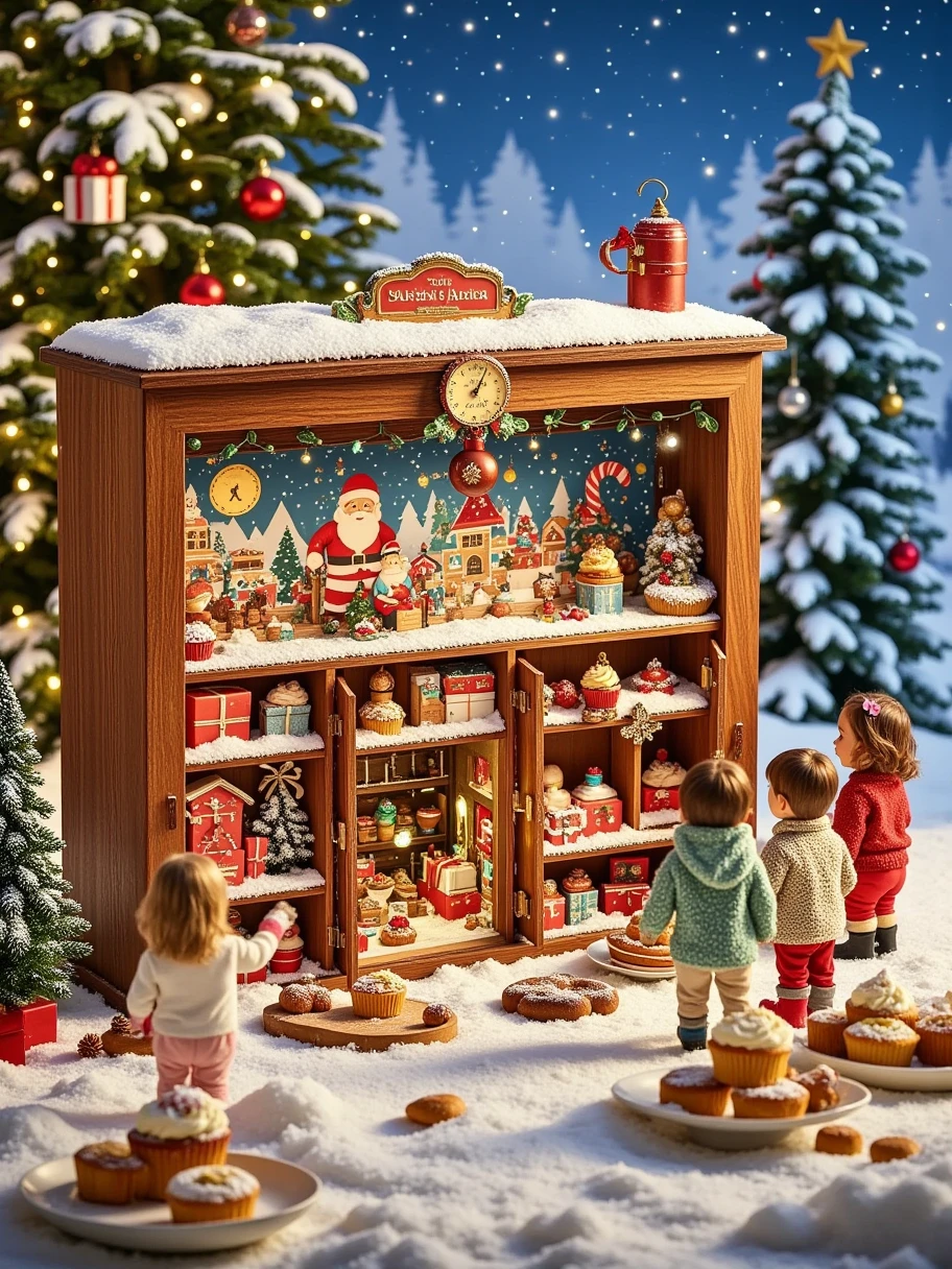 Generate an image showcasing a wooden storefront measuring 2.8 meters long, 2 meters high, 1.8 meters tall, and 1.6 meters deep with snow on its roof. A group of children from multiple descents and balanced genders are warmly dressed for Christmas, seen from the back as they look into the storefront. Inside, there is a Christmas diorama that shows an outdoor scene to the left, featuring a Christmas tree with presents under it and Santa's landing strip, where his sleigh is ready for take-off. The other 3/4 of the diorama portrays a cross-section of Santa's workshop across several floors. There, elves are busy manufacturing toys. It includes elf musicians, mechanical claws grasping toys, a clock indicating the hour, and a conveyor belt moving presents across the shop floor. On the left of the storefront, a red button exists that the children press to initiate a spectacle within the storefront