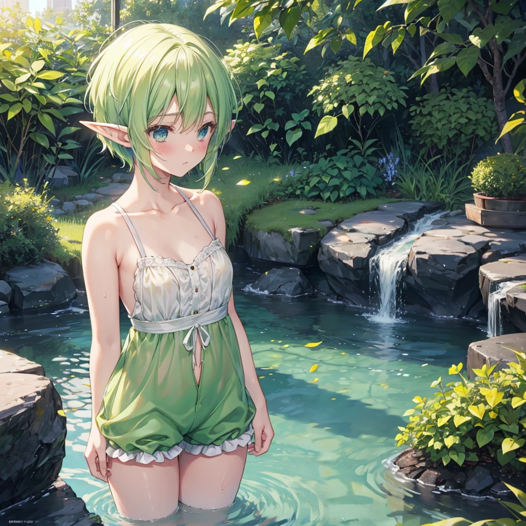 masterpiece,Top image quality,hight resolution,imagem 4k,Raw photo,Photorealsitic,{Solo},teens girl,Embarrassment,Silver Short Bob,stare at each other,Wet,Blue eyes,小柄,tits out,Elven ears,Bathing in water,boyish,White neat dress
