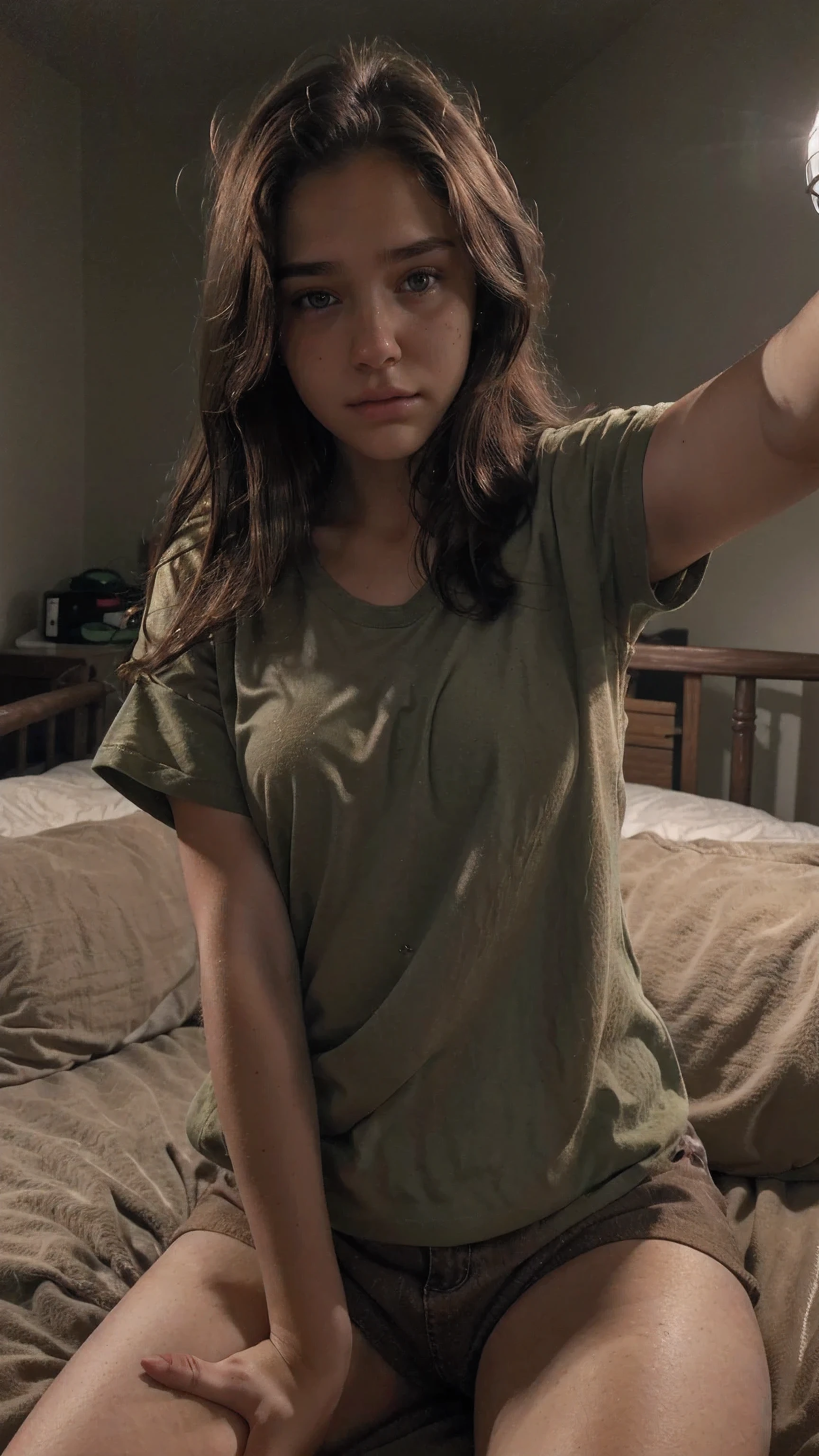 18 years old, selfie, green eyes, brown hair, ((oversized shirt)), perfect soft skin, no imperfections, taking a selfie picture, (((detailed face))), sad look, dark environment, no moles, short shorts, sitting on bed, lamp lighting