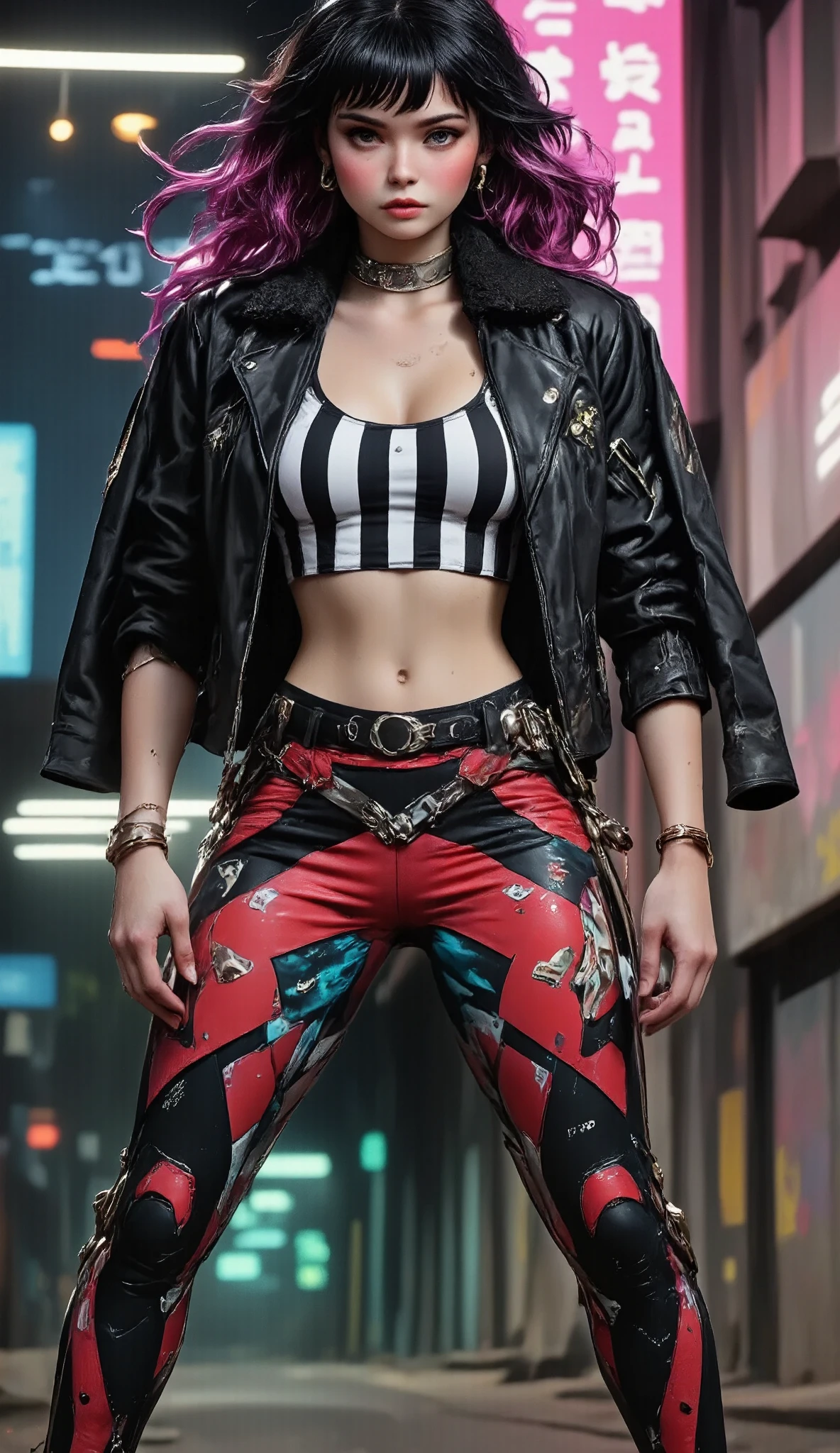 (((best qualityer))), (((manga strokes))), (((freckles))), (((colorful punk hair))), jacket with rivets and screws, uma Kizi jovem muito bem vestida com roupas modernas de inverno, pants with red and black zig-zag pattern, top gift vertical stripes, short jacket with dark fur collar, beautiful and expressive face, slightly-smile, big eyes with long black eyelashes, heavy make-up, chains and zippers spread across clothes, contrasting colours, pose de atitude, hair with a modern and futuristic cut, urban game poster art, dramatic camera angles, graffiti art elements in the background, design mixing contemporary and retro by Shepard Fairey, (((cowboy shot))), (((best qualityer: 1.4))), (Unbeatable masterpiece), (hiper HD),(CG 8k hyper-realistic), Kizi, (((standing alone))), pirralha violent, (((***))), sexly, pose de atitude, work of art, post-apocalypse, (((manga style))), bounty hunter, violent, Manic, the way you want, slenderbody, thin but strong, perfectbody, roupa moderna, advanced technology, neon, sleeves with vertical striped pattern, neutral background, (( cowboy shot )). intricate visual