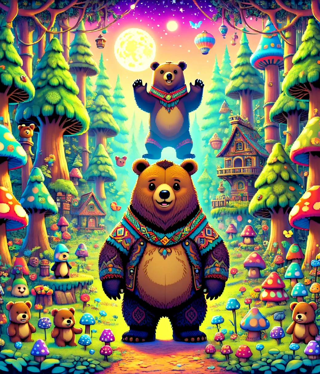 (cute, chubby, male, bear), DonMShr00mK1ngd0mXL forest, adorable, magical, fantasy, hires textures, highly detailed, intricate details, best quality, masterpiece