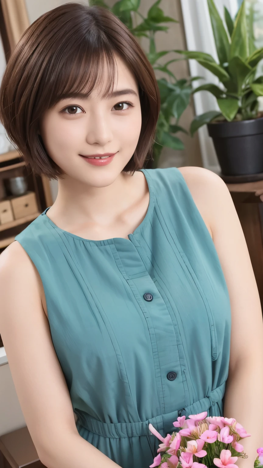 339 (20-year-old female, short hair), ( high image quality), (smile), ( Colorful Dress), ((Arietti's View of the World )), (BIG PLANTS ), (Dollhouse)