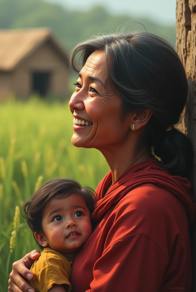 A smiling and beautiful fair indian woman with tied hair lifting and carrying a stout man on her shoulders, man is sitting on woman's shoulders, in a village room