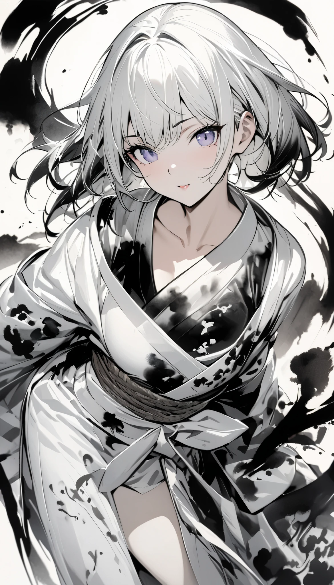 (masterpiece:1.2), ( top quality :1.2),  super high res,  very detailed,  girl, yukata, White Face, (Ink painting, Black and White:1.4), I have a spider lily