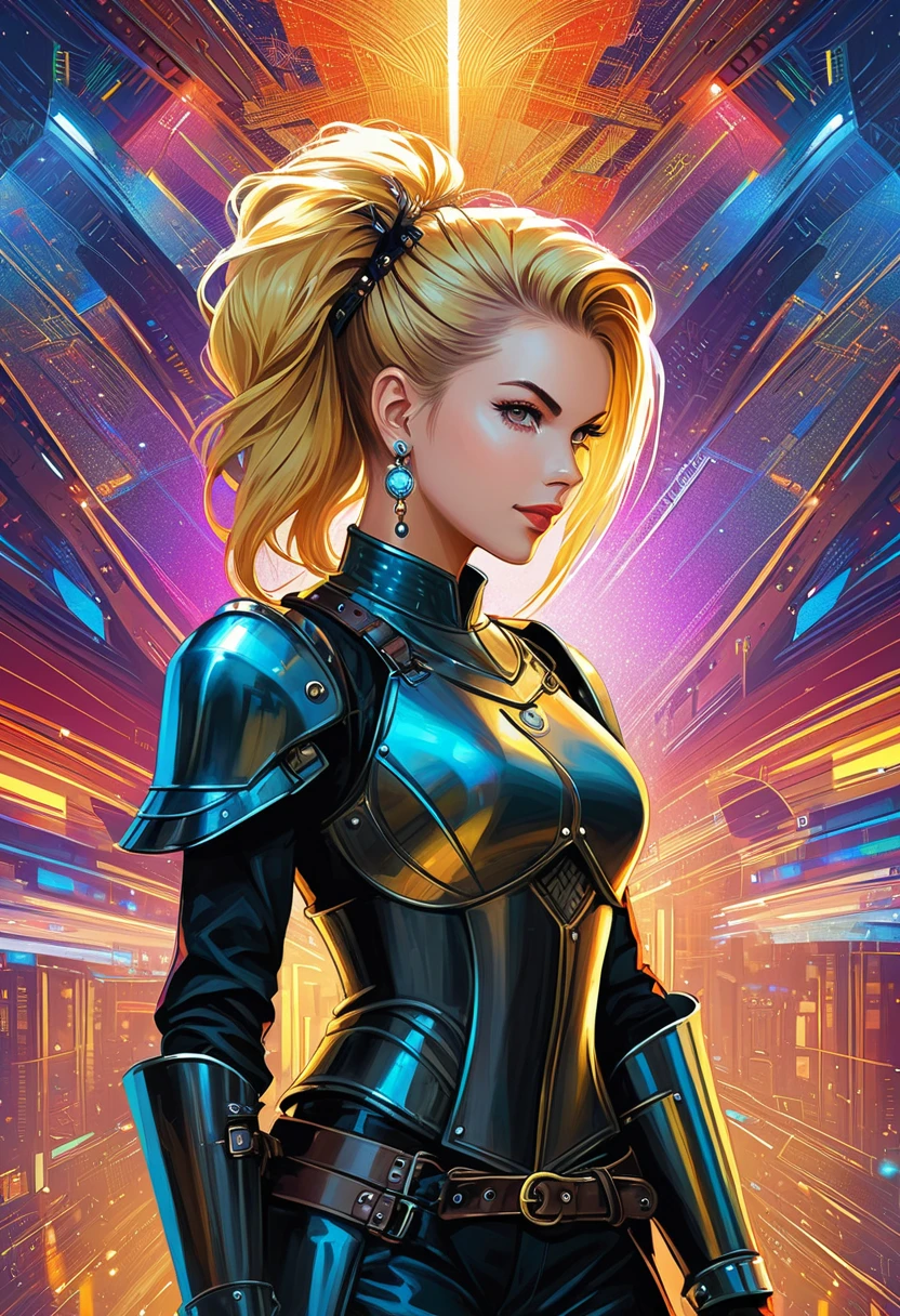 ((Woman, Knight, Blonde, Punk Hairstyle, Serious Face, Black Plate Armor, Smiling))),(Cyberpunk, Clockpunk, Dieselpunk, Steampunk),Artwork Carved from Pearl Platinum Crystal,(Ultra Detailed, Exquisite Resolution, Highest Quality: 1.3),(Abstract Background, Zentangle, Fractal Art: 1.3),(Many Colors, Colorful: 1.1),(Feathers, Petals, Flowers: 1.3),Gorgeous, Dynamic Pose, Earrings