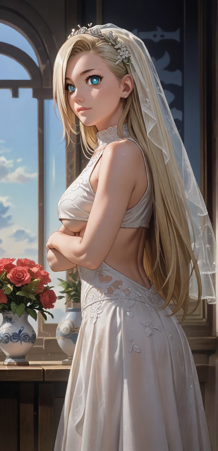  1 woman, Ino Yamanaka, long blonde  hair, ((detailed eyes:1.2)), wearing translucent wedding dress, sexy, sensual, sleeveless, sideboob, underboob, masterpiece, top quality, best quality, official art, beautiful and aesthetic:1.2), extreme detailed, colorful, highest detailed