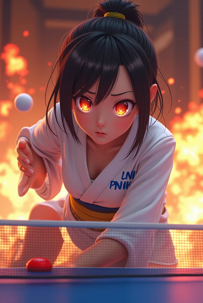 3D animation, theme is "Japanese Yukata", Japanese hot spring inn's recreation room, beautiful girl in yukata playing table tennis after bathing, yukata with the inn's name printed in blue on white fabric, girl bends over with ping pong ball in left palm, about to serve, serious expression, hot-blooded sportsmanship manga style, flames can be seen in the girl's eyes, clouds swirling in the background express a mood of "conflict", close-up on girl, comical scene, sophisticated design, advanced lighting technology, 8K quality