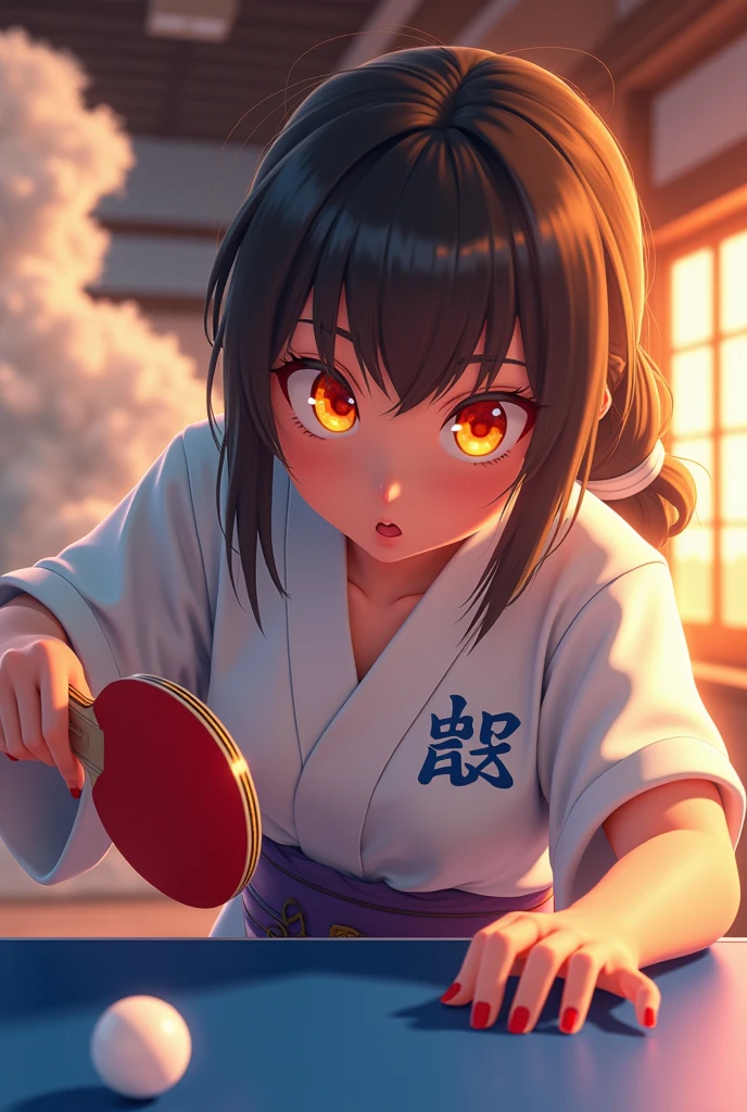 3D animation, theme is "Japanese Yukata", Japanese hot spring inn's recreation room, beautiful girl in yukata playing table tennis after bathing, yukata with the inn's name printed in blue on white fabric, girl bends over with ping pong ball in left palm, about to serve, serious expression, hot-blooded sportsmanship manga style, flames can be seen in the girl's eyes, clouds swirling in the background express a mood of "conflict", close-up on girl, comical scene, sophisticated design, advanced lighting technology, 8K quality