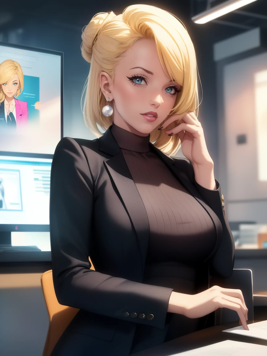 (masterpiece,  better quality,  ultra detailed, highres, mejor ilustración).  Create a visually stunning and elegant representation of a 35-year-old professional woman in her office attire and blue eyes.  personalized updo Imagine a woman with a serene attitude , wearing a,  a sleeveless charcoal gray business suit that exudes sophistication . neckline, hombros anchos. Her elegant black outfit ,  light blond hair styled in an elegant ,  complementing the subtle pearl earrings that adorn her ears .  The lighting of the ambient office stands out their traits funny as you sit confidently at your desk ,  illustrated wallpaper surrounded by an environment of success and professionalism .  Capture the essence of modern femininity and corporate elegance in this AI-generated work of art . ( extremely detailed 8k ).