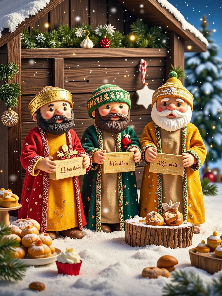 Create an image that illustrates a traditional carol scene. It should depict three wise kings, each carrying one of the following gifts: gold, myrrh, and frankincense. The setting must be one of mystery and magic, set against the backdrop of a humble stable. Snow-covered trees can be seen in the distance, adding to the enchantment of the scene. Each king should be distinct and the diversity among them should be clear, with one being Caucasian, one being Hispanic, and one being South Asian