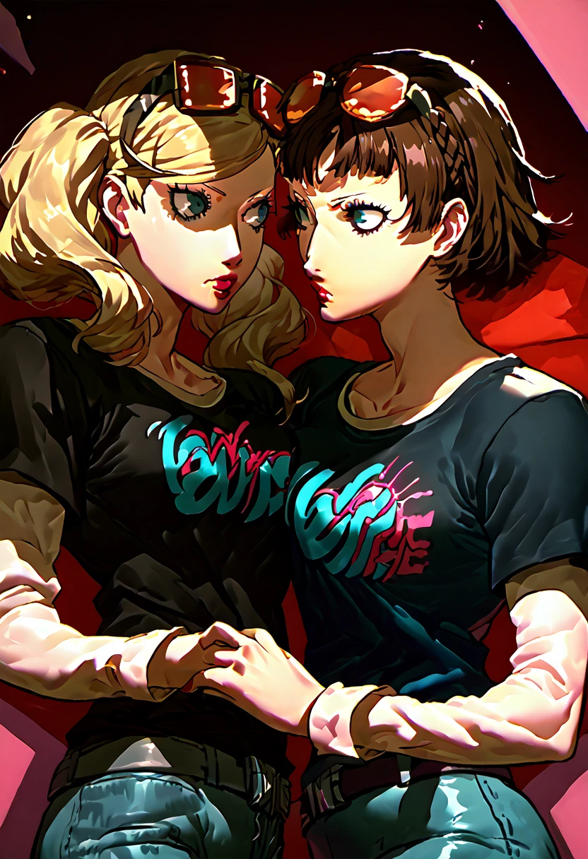 2 girls, sunglasses on head, lipstick, black t-shirt, clothes writing, layered sleeves, large breasts, jeans, Ann Takamaki, Makoto Niijima