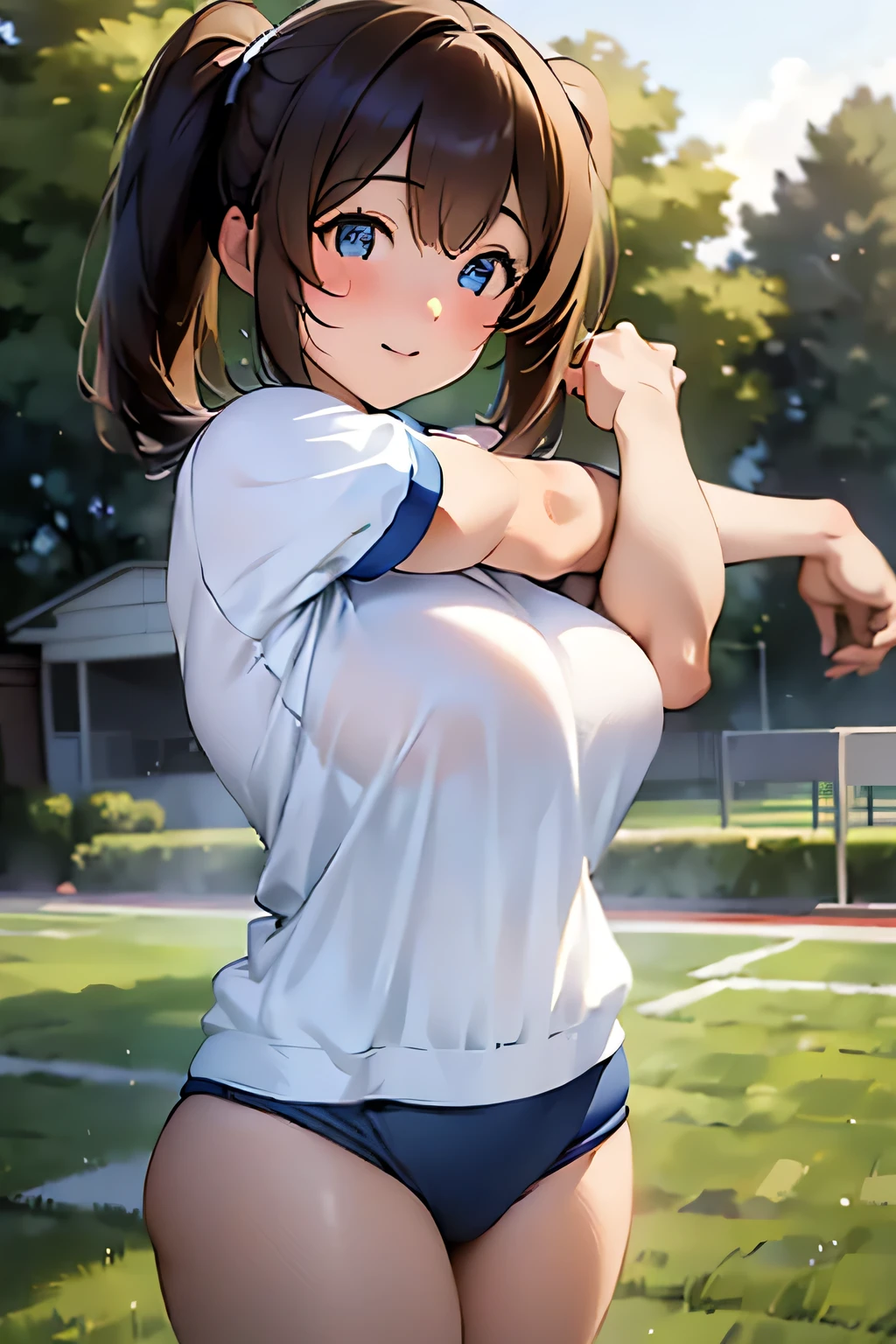 ((best quality)), ((masterpiece)), ((detailed)), (((perfect face))), (((slender 18yo teenage girl))), (((topless))), (((medium-large breasts))), ((blue soccer shorts))), ((dark brown hair)), ((short ponytail)), (((blue eyes))), ((shy:1.3)), ((blushing:1.5)), ((skinny thighs)), ((skinny hips)), (((bare arms))), (((bare shoulders))), (((bare stomach))), (((grass soccer field))), (((wearing soccer boots, blue soccer socks))), (((standing))), (((shy arms))), (((surprised:1.3))), (((open mouth)))