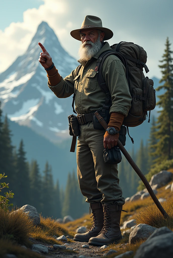 A strong old ranger pointing his finger at a distant mountain - SeaArt AI