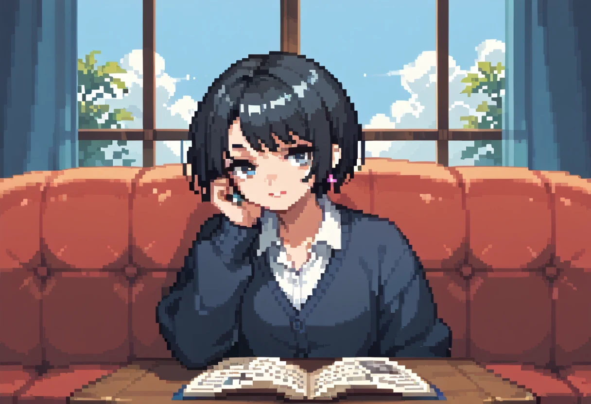  pixel art、solo,2D, beautiful illustration ,close up face,detailed face,from front,from adove,throw,lounge,Sitting facing the Viewer on a square table, looking at viewer,School uniform, Cardigan,black hair ,short hair,bags、Sofa,Window、 big window