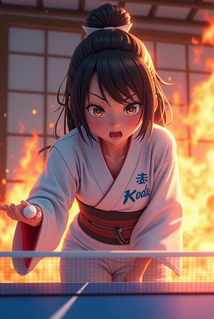 3D animation, theme is "Japanese Yukata", Japanese hot spring inn's recreation room, beautiful girl in yukata playing table tennis after bathing, yukata with the inn's name printed in blue on white fabric, girl bends over with ping pong ball in left palm, about to serve, serious expression, hot-blooded sportsmanship manga style, flames can be seen in the girl's eyes, clouds swirling in the background express a mood of "conflict", close-up on girl, comical scene, sophisticated design, advanced lighting technology, 8K quality