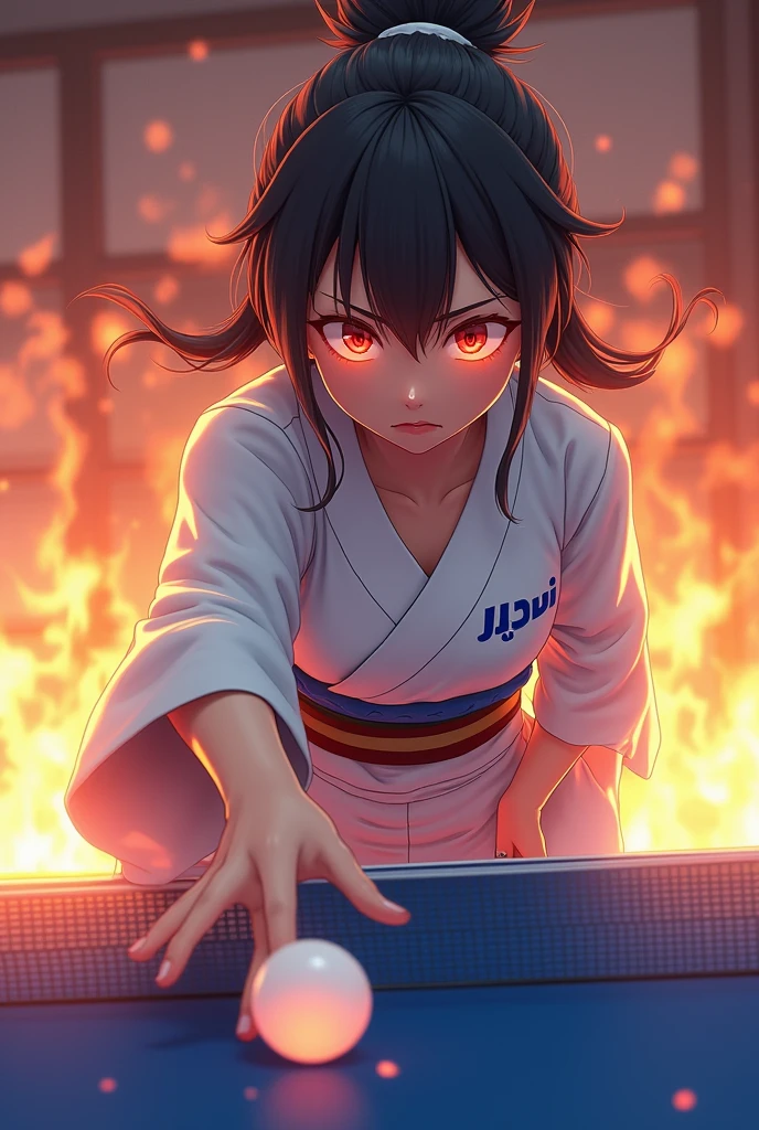 3D animation, theme is "Japanese Yukata", Japanese hot spring inn's recreation room, beautiful girl in yukata playing table tennis after bathing, yukata with the inn's name printed in blue on white fabric, girl bends over with ping pong ball in left palm, about to serve, serious expression, hot-blooded sportsmanship manga style, flames can be seen in the girl's eyes, clouds swirling in the background express a mood of "conflict", close-up on girl, comical scene, sophisticated design, advanced lighting technology, 8K quality