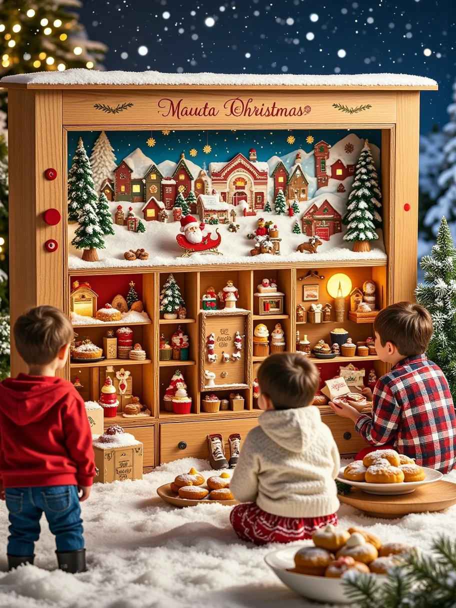 Generate an image showcasing a wooden storefront measuring 2.8 meters long, 2 meters high, 1.8 meters tall, and 1.6 meters deep with snow on its roof. A group of children from multiple descents and balanced genders are warmly dressed for Christmas, seen from the back as they look into the storefront. Inside, there is a Christmas diorama that shows an outdoor scene to the left, featuring a Christmas tree with presents under it and Santa's landing strip, where his sleigh is ready for take-off. The other 3/4 of the diorama portrays a cross-section of Santa's workshop across several floors. There, elves are busy manufacturing toys. It includes elf musicians, mechanical claws grasping toys, a clock indicating the hour, and a conveyor belt moving presents across the shop floor. On the left of the storefront, a red button exists that the children press to initiate a spectacle within the storefront