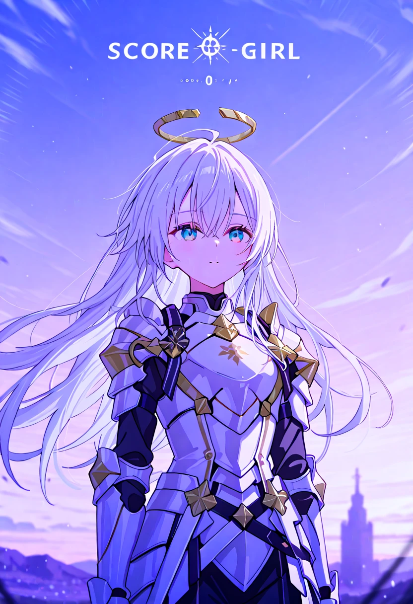  Girl with long white hair, background the sky, wearing white armor ,  Knights of the Zodiac, 