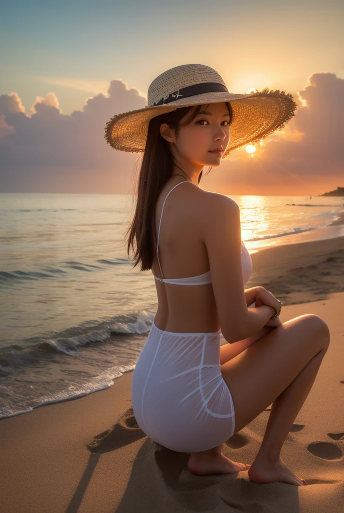close , ((from below)), top quality, table top, 16K, realistic, concept art, Beautiful girl sitting on the beach , beautiful face, japanese woman, japan, Beautiful medium bob hair in light brown, beautiful light brown eyes, plump breasts, look at viewer, blush, expensive , white swimsuit, Sunset Coast, Orange sky, beautiful clouds,