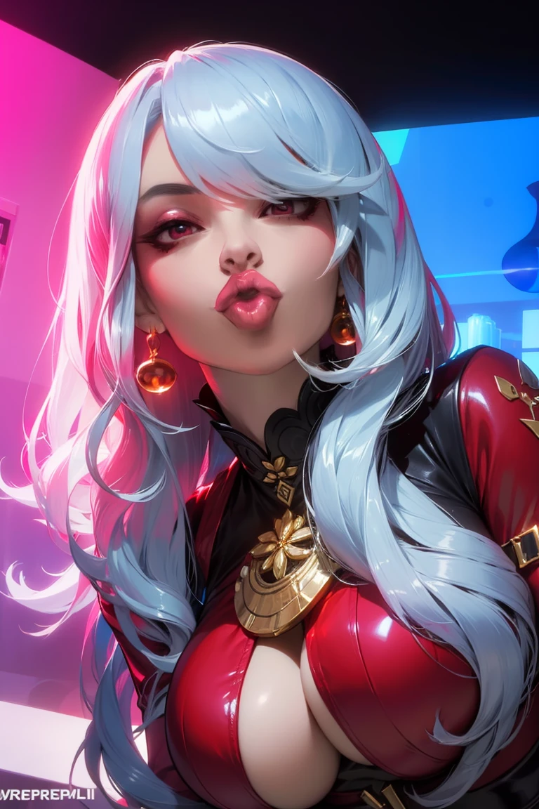 (1girl), red eyes,long hair,, big lips, anime, pretty lips,, ((best quality)), soft shading, highres, hourglass body, , sexy POV, big lips, white hair, ((red eyes)), , big lips,x ornament, ornament, duckface, lip focus, shiny lips pink clothing