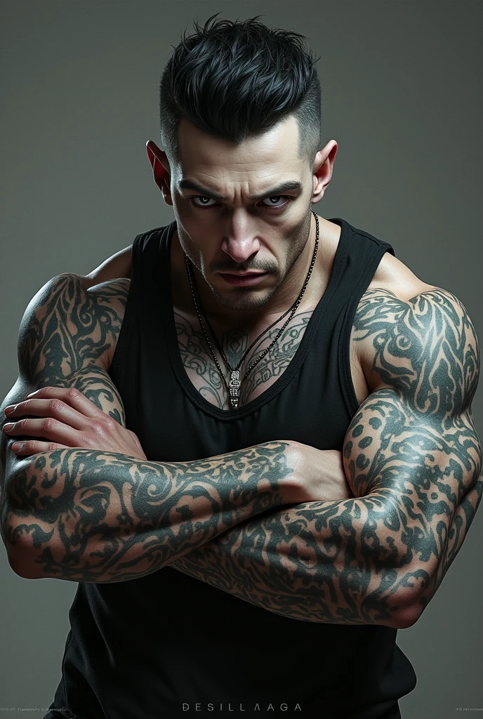 Man with black hair
gray eyes
- white skin color
- tattoos on the full arm
- short or medium long hair
- Rude