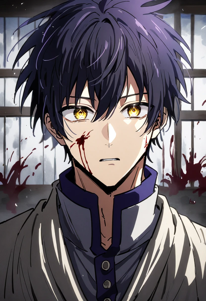 anime Anime Boy with long black hair and yellow eyes, Yamagata Kohei Windows , portrait  Gap Moe Yandere Grim Dark,  inspired by Okumura Masanobu, Anime Boy,  Gap Moe Yandere Grim Dark, Male Anime Characters ,  handsome Japanese demon boy ,   anime handsome man, Male Anime Style,  Is action painting  ,  his eyes are bleeding violently