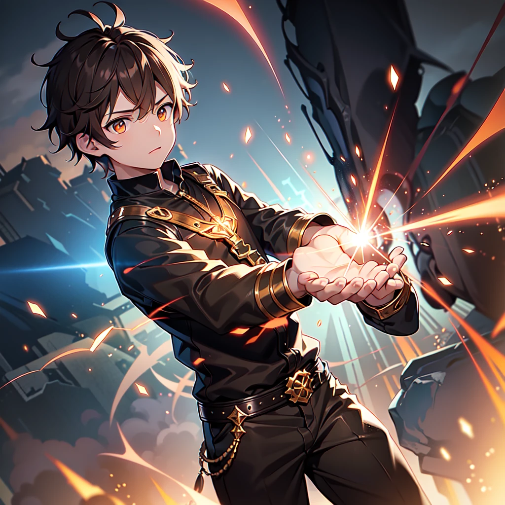 1 boy, brown hair, orange eyes, beautiful detailed eyes, black long sleeves, dynamic pose, cinematic lighting, dramatic atmosphere, fantasy landscape, glowing magic effects, vibrant colors, masterpiece