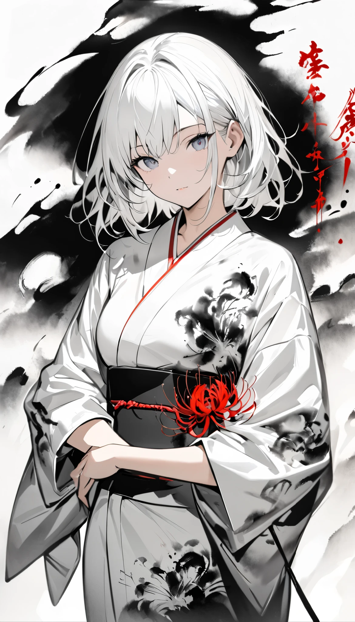 (masterpiece:1.2), ( top quality :1.2),  super high res,  very detailed,  girl, yukata, White Face, (Ink painting, Black and White:1.4), I have a spider lily