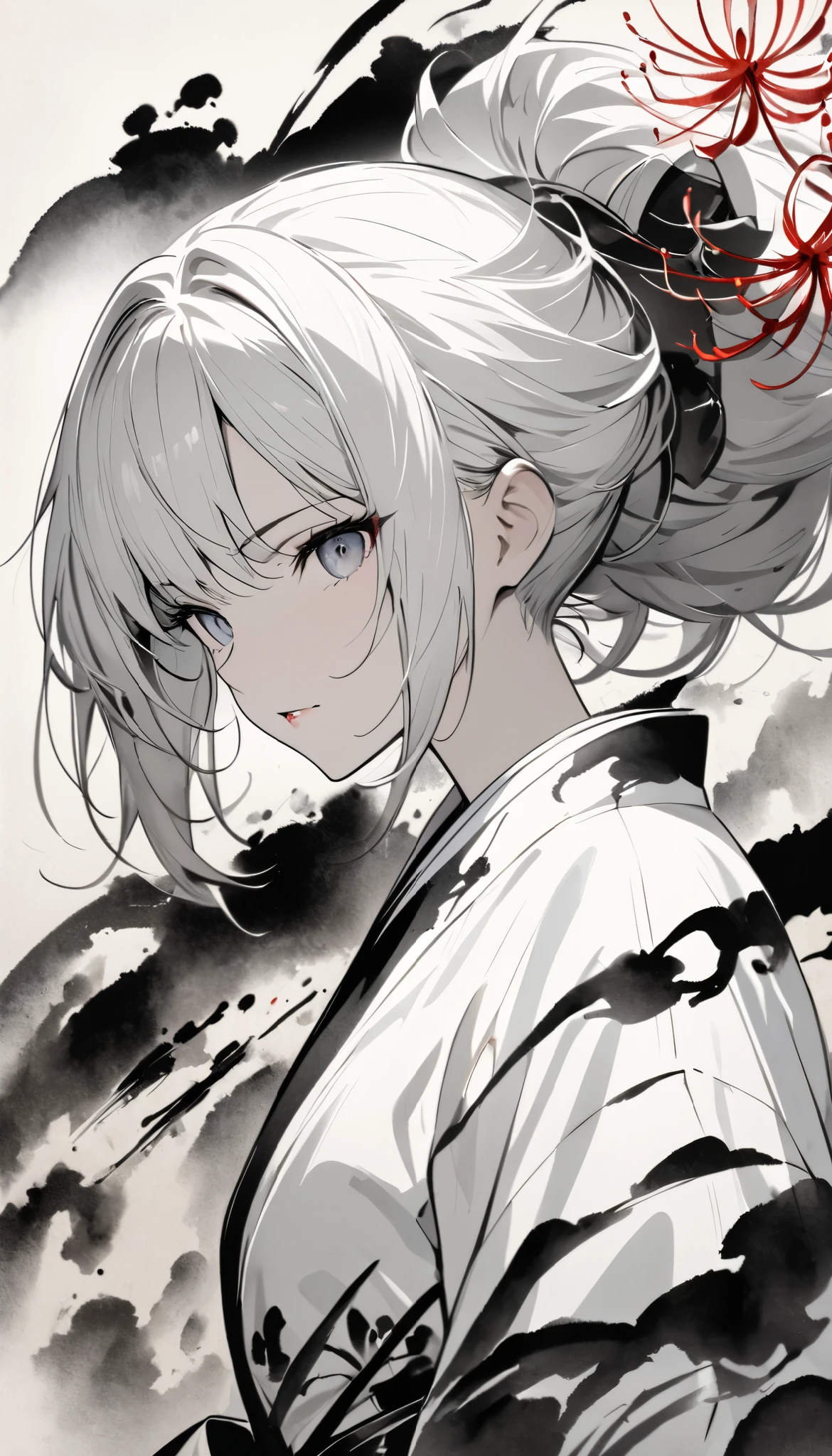 (masterpiece:1.2), ( top quality :1.2),  super high res,  very detailed,  girl, yukata, White Face, (Ink painting, Black and White:1.4), I have a spider lily