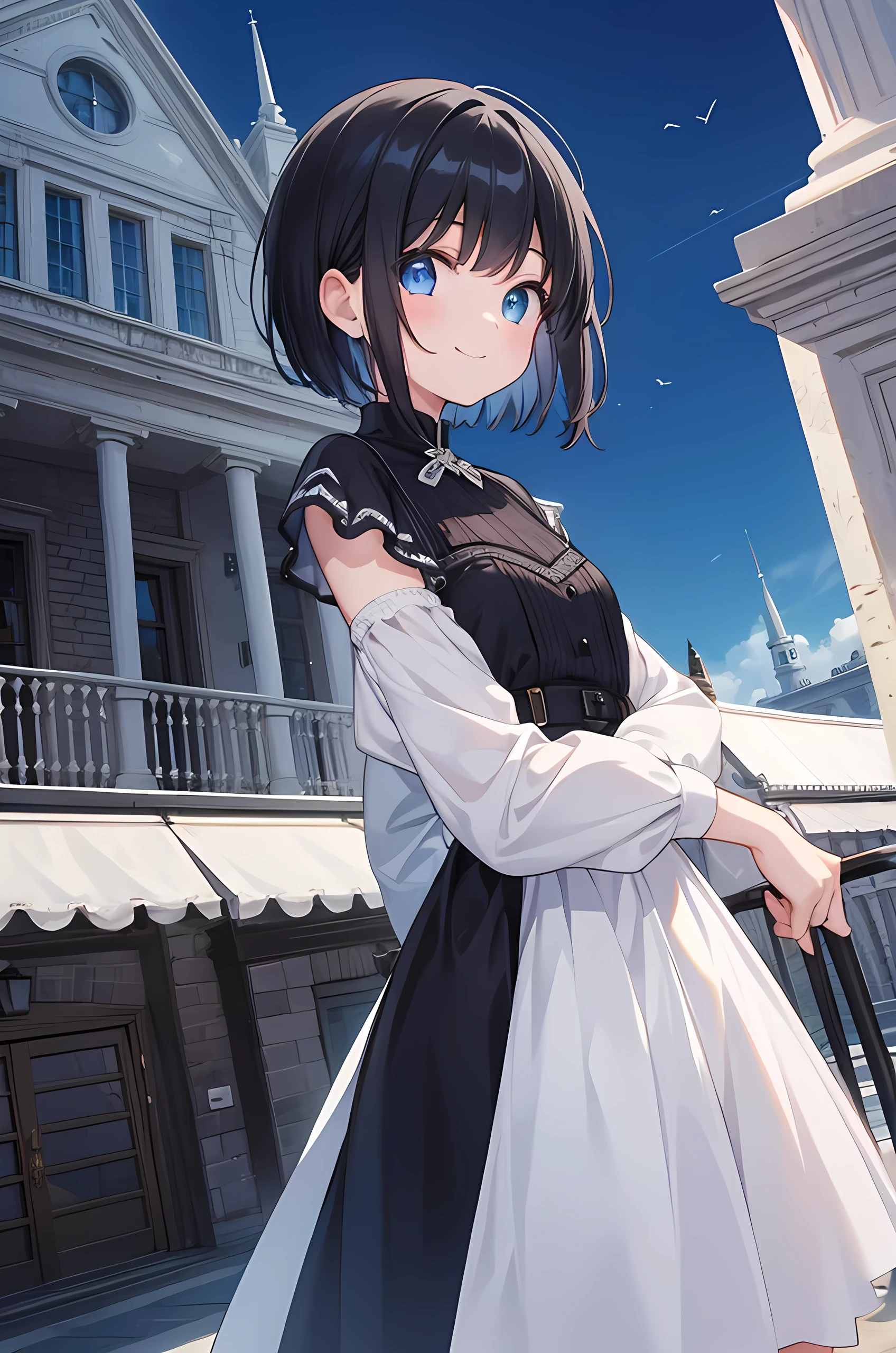 ((masterpiece)), ((highest quality)), ((8K)), High resolution, 1 girl, Cat ear, white skin, big breasts, light blue maid, black hair color, bob cut, Expressionless, sunset, walk, royal palace, look away, think back