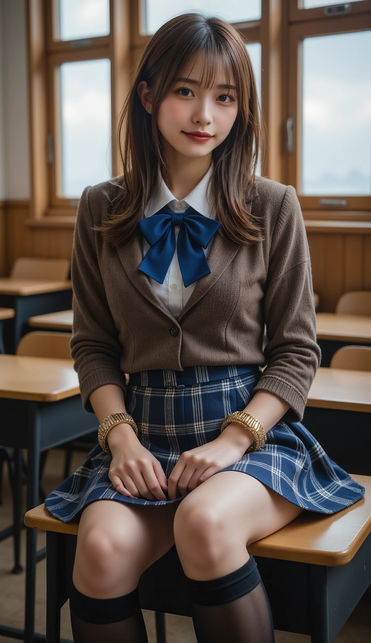 (Highest quality, 4K, 8k, High resolution, masterpiece, Genuine, Realistic, Realistic:1.3), (upper body), Girl sitting on the school desk in classroom, blue neckerchief Uniform, Dark Blown Blazer, blown plaid skirt, Gal Makeup, wearing white collared shirts, dark black pantyhose, ((wavy long brown hair)), Gold Bracelets, 18-year-old, bangs, grin,Thighs, knees, From below, pinching skirt:0.7, open legs:0.8,