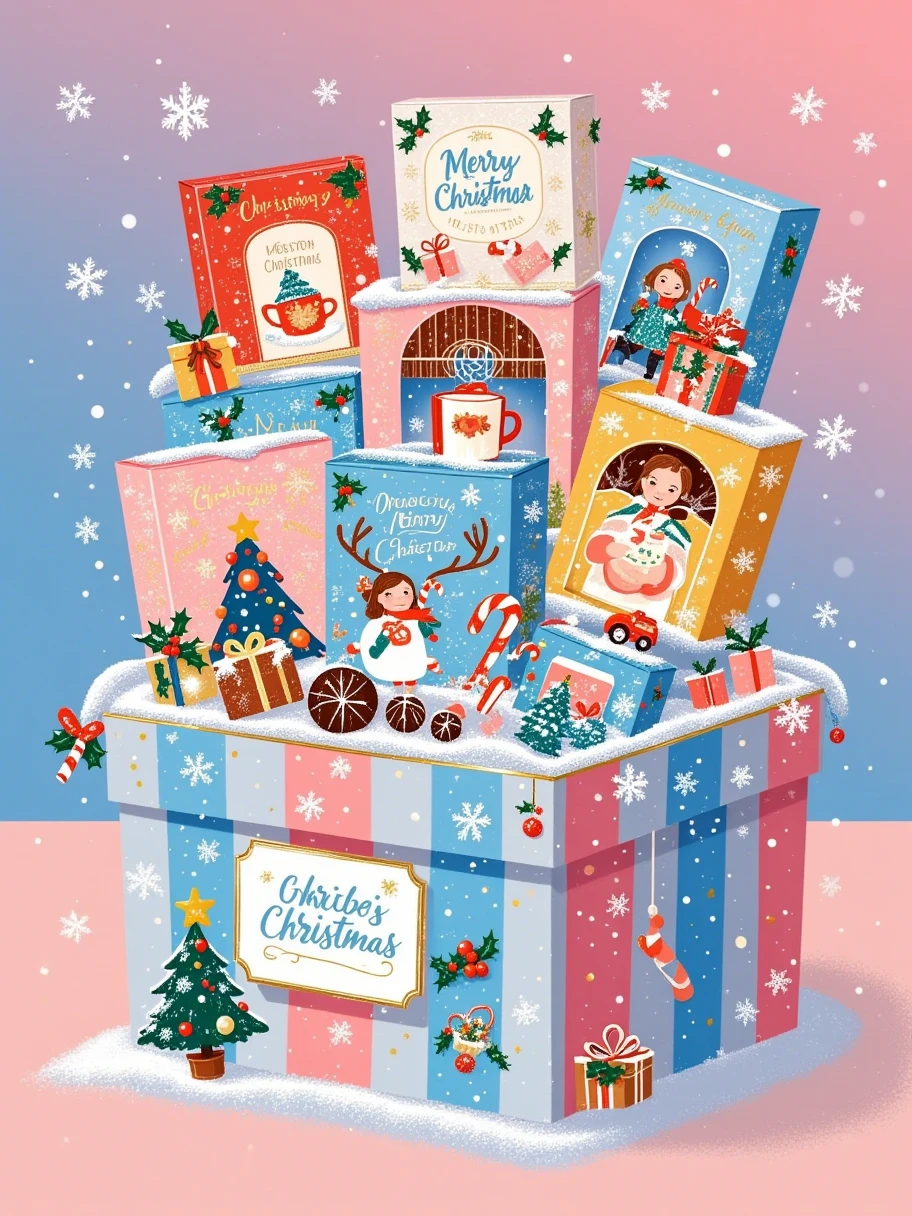 Depict a colorful and amusing package filled with a diverse array of festive objects. This could include items like shiny decorations, novelty toys, artistic stationery, and homemade sweets. It's bursting with creativity and joy, sure to elicit smiles from all who see it. The packing itself is decorated with charming illustrations, zig-zag patterns, and vibrant stripes. Be sure to include a variety of textures and materials within the contents of the package