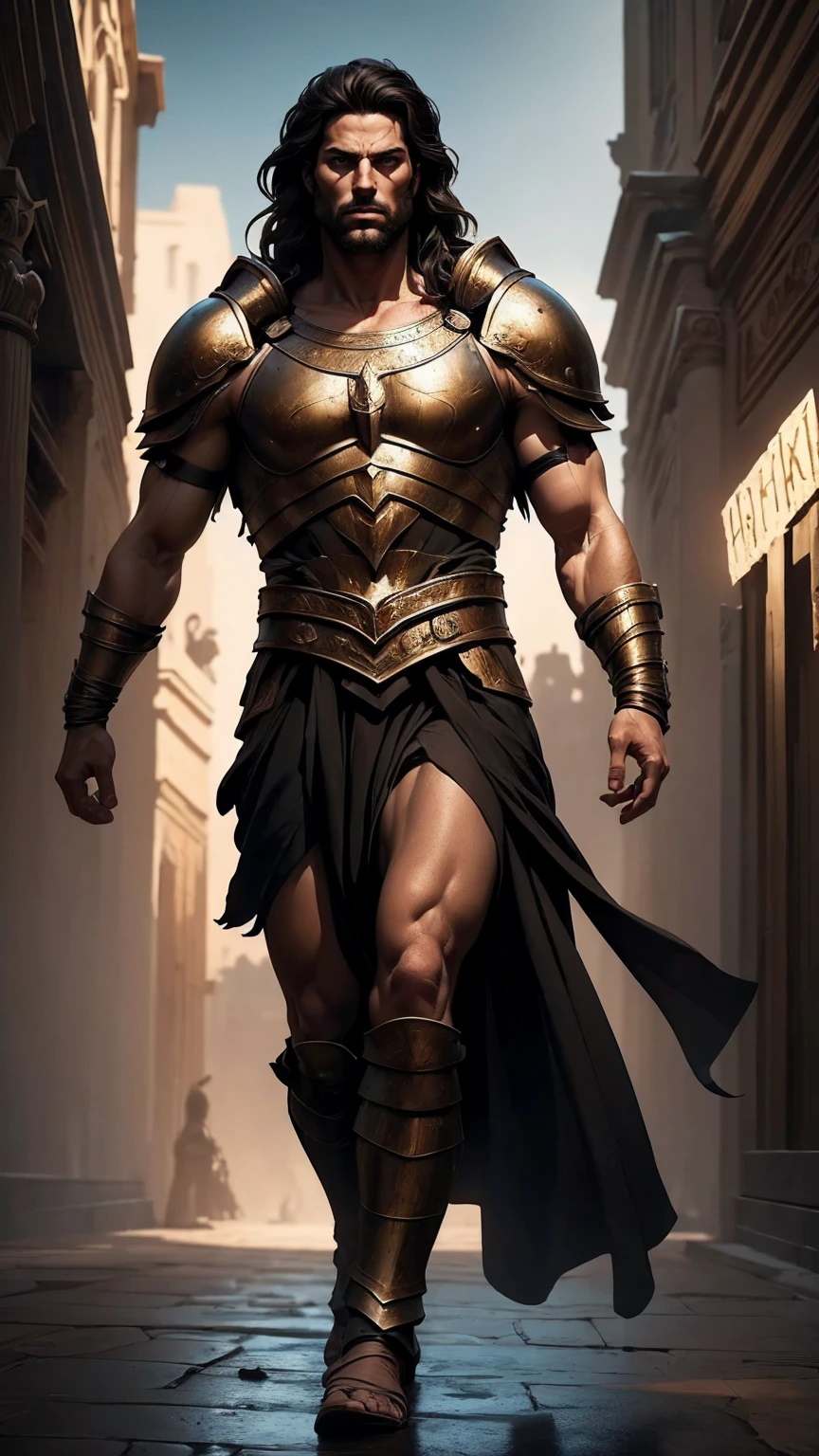 a 45 year old man, black hair, helmet ,prince of troy ,hector of troy, (best quality,4k,8k,highres,masterpiece:1.2),ultra-detailed,(realistic,photorealistic,photo-realistic:1.37),hyperrealistic,cinematic lighting,extremely detailed face and body,dramatic pose,epic scale,dramatic lighting,dark moody colors,chiaroscuro lighting,dramatic shadows, on the war, whole body, comic style, walking, in combat, show the feets